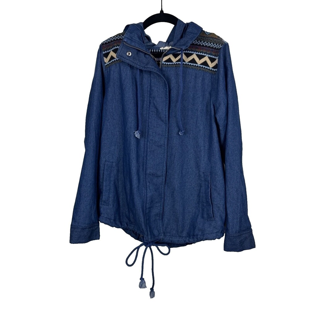 Hem & Thread Hooded Jacket Women S Blue Southwestern Embroidered Denim Utility‎